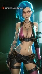 ai_generated arm_tattoo asymmetrical_bangs bare_shoulders belt bikini bikini_top_only black_gloves black_nails black_shorts blue_hair braid breasts bullet cleavage closed_mouth collarbone contrapposto cowboy_shot elbow_gloves female fingerless_gloves gloves indoors jewelry jinx_(league_of_legends) large_breasts league_of_legends lips long_hair looking_at_viewer makeup medium_breasts meitabuu nail_polish navel necklace pendant pink_eyes pink_thighhighs red_lips short_shorts shorts shoulder_tattoo single_thighhigh smile solo standing stomach stomach_tattoo swimsuit tattoo thigh_strap thighhighs twin_braids very_long_hair window