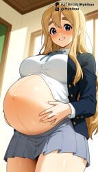 ai_generated big_belly blazer blonde_hair blue_eyes blue_jacket blue_ribbon blue_skirt blush breasts buttoned_cuffs buttons ceiling collared_shirt cowboy_shot dress_shirt female from_below grey_skirt grin hair_between_eyes hand_on_own_stomach hands_on_own_stomach indoors inflation jacket k-on! kicchi_(tmgk) kotobuki_tsumugi large_breasts light_particles long_hair long_sleeves looking_at_viewer miniskirt multiple_girls mykibuu navel neck_ribbon open_clothes open_jacket parted_lips partially_unbuttoned pleated_skirt pregnant ribbon sakuragaoka_high_school_uniform school_uniform shirt sidelocks skirt smile solo standing teeth thick_eyebrows thighs unbuttoned white_shirt window wing_collar winter_uniform
