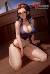 1girls 2d abs ai_generated ass big_ass big_breasts black_hair breasts cleavage erophoenix female female_focus full_body green_eyes long_hair looking_at_viewer navel nico_robin one_piece patreon_username solo solo_female thick thick_thighs uncensored