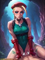 1boy 1girls ai_generated blonde_hair blue_eyes breasts cammy_white cowgirl_position cum cum_in_pussy first_person_view forest penis red_head_zero sex street_fighter