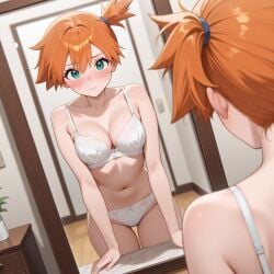 ai_generated aqua_eyes asymmetrical_hair bangs bare_arms bare_shoulders blush bow bow_bra bow_panties bow_underwear bra breasts clavicle cleavage closed_mouth clothing eyelashes female female female_only green_eyes hair_between_eyes hair_tie indoors kasumi_(pokemon) kasumi_(pokemon) large_breasts legs looking_at_mirror medium_breasts mirror navel orange_hair pantsu plant pokemon ponytail potted_plant reflection short_hair side_ponytail sitting smile solo standing stomach sweatdrop thigh_gap thighs tied_hair underwear underwear_only white_bra white_panties white_underwear window wooden_floor