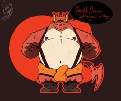 6:5 absurd_res anthro balls balls_outline belly beta_pokemon_(species) beta_pokemon_games big_belly bottomwear boxer_briefs bub_(gorochuinboxers) bulge claws clothed clothing detailed_bulge dialogue facial_hair fangs footwear front_view fur garter_belt garter_belt_socks garter_straps generation_1_pokemon genital_outline genitals gorochu gorochuinboxers hi_res horn looking_at_viewer male navel nintendo nipples obese open_mouth orange_body orange_boxer_briefs orange_clothing orange_fur orange_underwear overweight overweight_anthro overweight_male pokemon pokemon_(species) simple_background socks solo speech_bubble suspenders suspenders_pull tail talking_to_viewer teeth underwear