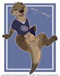 4_toes 5_fingers animal_genitalia anthro anus arin_(letodoesart) balls blue_eyes bottomless clothed clothing dialogue letodoesart looking_at_viewer male male_only mammal mustelid otter partial_nudity presenting presenting_anus sheath shirt spread_legs spreading talking_to_viewer toes