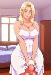 1futa 2d ai_generated anasheya_(style) balls bed bedroom big_penis blonde_futa blonde_hair blonde_hair_blue_eyes blondshell blue_eyes cleavage closed_mouth clothed covered_navel dress erection futa_only futanari human human_only indoors light-skinned_futa light_skin looking_at_viewer penis sleeveless sleeveless_dress solo standing sundress testicles veiny_penis white_dress window