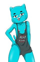 absurd_res anthro barely_visible_genitalia barely_visible_vulva blue_body blue_fur bottomless cartoon_network clothed clothing domestic_cat eyebrows eyelashes felid feline felis female flat_chested fur genitals half_dime hand_on_hip hi_res mammal markings nicole_watterson nipples pink_nose pussy shirt shirt_only simple_background smile smiling_at_viewer solo the_amazing_world_of_gumball thick_thighs tongue tongue_out topwear topwear_only translucent translucent_clothing vulva whisker_markings