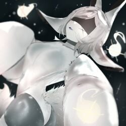 animal_ears bandages blindfold blurry_foreground breasts depth_of_field dya_rikku_(vtuber) female gloves short_hair solo tail virtual_youtuber vyugen white_hair