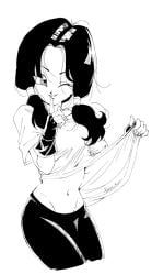 1girls belly belly_button black_and_white black_hair dragon_ball dragon_ball_z exposed_belly female fenyon finger_in_mouth gym_shorts lifting_shirt long_shirt smile smiling solo twintails videl videl_(long_hair) white_background wink winking