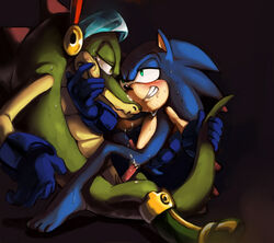 anal anthro armor ass blue_hair chaotix crocodile cum fur green_eyes green_scales hair hedgehog helmet knight male male_only multiple_males penetration penis reptile scalie sega sex sonic_(series) sonic_the_hedgehog sweat tail_grab vector_the_crocodile yaoi