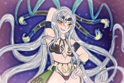 1girls antenna_hair armband ashe-yusenko bikini breasts commission female female_focus final_fantasy final_fantasy_x grey_hair hair_ornament hairpin jewelry large_breasts long_hair monster_girl necklace open_mouth solo swimsuit thighs very_long_hair white_hair wristband yunalesca