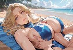 1boy 1girls ai_generated areolae bangs bare_shoulders beach between_breasts bikini blonde_hair blue_bikini blue_eyes blue_one-piece_swimsuit blue_sky blue_swimsuit blush breast_grab breast_press breasts breasts_squeezed_together cleavage closed_mouth clothed_female clothed_female_nude_male clothing cloud curvaceous curvaceous_female curvaceous_figure curvy curvy_figure day earrings erection exhibitionism female female female_focus grabbing grabbing_another's_breast groping huge_breasts invisible_woman invisible_woman_(marvel_rivals) jewelry large_breasts large_penis light-skinned_female light_skin lips long_hair looking_to_the_side lying male male_pov marvel marvel_comics marvel_rivals miyuai navel nipples nude ocean on_back one-piece_swimsuit outdoor_nudity outdoors outside outside_sex paizuri paizuri_under_clothes palm_tree parted_bangs penis sand sex shiny_skin sky smile solo_focus straddling_paizuri straight sue_storm sweat swimsuit thighs veins veiny_penis voluptuous voluptuous_female water wet