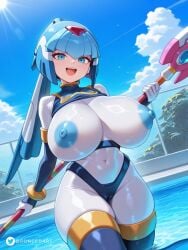 1robot_girl ai_generated big_breasts blue_eyes blue_hair breasts large_breasts looking_at_viewer nipples no_bra poncedart pool robot_humanoid sagging_breasts short_hair tagme water watermark