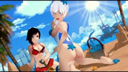 2girls beach bikini bikini_bottom bikini_top black_hair black_hair_female blue_eyes female female_only long_hair long_hair_female multiple_girls ruby_rose rwby silver_eyes starfish weiss_schnee white_hair white_hair_female