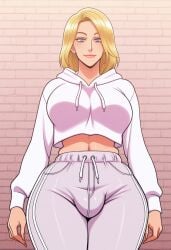 1futa 2d ai_generated anasheya_(style) blonde_futa blonde_hair blonde_hair_blue_eyes blondshell blue_eyes breasts brick_wall civitai cowboy_shot crop_top_overhang cropped_hoodie drawstring futa_only futanari hood_down hoodie human human_only large_breasts light-skinned_futa light_skin long_sleeves looking_at_viewer medium_hair midriff navel pants smile smiling smiling_at_viewer solo sweatpants white_hoodie