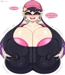 1girls 2d alternate_breast_size areolae breast_grab breasts breasts_bigger_than_head callie_(splatoon) casual_nudity cephalopod_humanoid cleavage clothed female female_focus female_only grabbing_own_breast humanoid humanoid_female humanoid_only hyper hyper_breasts inkling inkling_girl light-skinned_female light_skin looking_at_viewer nintendo nipples_visible_through_clothing no_bra revealing_clothes solo solo_female speech_bubble splatoon squid_sisters startop stt5startop teasing text twitter_link unrealistic_proportions watermark