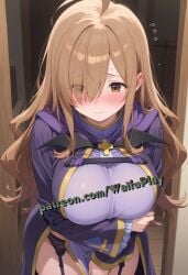 1girls ai_generated big_breasts black_lingerie blush blush brown_eyes brown_hair embarrassed focus_on_chest horny horny_female kono_subarashii_sekai_ni_shukufuku_wo! konosuba lingerie long_hair long_sleeves looking_away purple_clothing robe shy thick_thighs trembling waifuplay wiz_(konosuba)