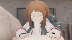 1boy 1girls 3d 3d_(artwork) ass bedroom_eyes big_ass blowjob blowjob_face blush boku_no_hero_academia brown_hair clothed_female_nude_male clothing couch female hazel_eyes large_ass large_penis latex leotard long_penis male my_hero_academia naxo3001 ochako_uraraka ochako_uraraka_(hero_outfit) pov pov_eye_contact short_hair straight sucking_penis teenage_girl teenager tight_clothing toga_himiko