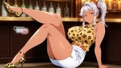 ai_generated akaza_chacha belt blue_eyes boosterred99 breasts dark-skinned_female female from_below full_body fully_clothed grey_hair huge_breasts illustrious_(stable_diffusion) legs leopard_print looking_at_viewer maken-ki! outdoors park pencil_skirt penis pony_diffusion_xl ponytail restaurant seductive_smile short_hair sitting skirt sleeveless standing street sweater turtleneck turtleneck_sweater visible_penis white_shirt