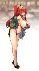 absurdres bare_shoulders bikini black_bikini black_hair breasts condom condom_belt cum female hair_over_one_eye high_heels highres huge_breasts jacket kagami_uekusa lain_paterson leaning_forward long_hair looking_at_viewer multicolored_hair multiple_condoms nijisanji off_shoulder open_mouth ponytail red_hair sideboob solo standing streaked_hair swimsuit used_condom virtual_youtuber