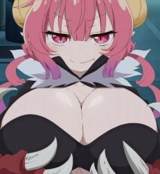 animated anime_screenshot bouncing_breasts breasts claws cleavage dot_nose female fur_trim grabbing_own_breast hair_between_eyes hand_on_own_chest highres horns huge_breasts ilulu_(maidragon) kobayashi-san_chi_no_maidragon large_hands looking_at_viewer naughty_face red_eyes red_hair seductive_gaze seductive_smile sharp_teeth shiny_skin smile standing stitched strapless tagme teeth video