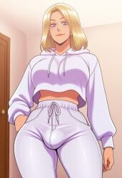 1futa 2d ai_generated anasheya_(style) blonde_futa blonde_hair blonde_hair_blue_eyes blondshell blue_eyes breasts closed_mouth crop_top crop_top_overhang cropped_hoodie drawstring erection erection_under_clothes from_below futa_only futanari hood_down hoodie indoors large_breasts light-skinned_futa light_skin long_sleeves looking_at_viewer midriff navel smile smiling smiling_at_viewer solo sweatpants white_hoodie white_sweatpants