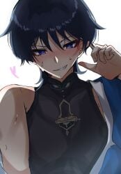 blue_eyes blue_hair blush blushing_at_viewer claw_pose femboy genshin_impact heart heart_symbol male male_only pov scaramouche_(genshin_impact) solo_male sweating tagme tagme_(character) tongue tongue_out twink twink_top white_background