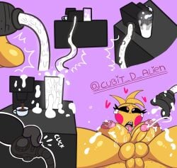 breasts breasts_out coffee cubit_d_alien cum cumming cumming_from_milking five_nights_at_freddy's five_nights_at_freddy's_2 futanari glass glass_cup heart-shaped_pupils machine male milking milking_machine nipple_piercing nipple_rings nipples toy_chica_(fnaf)