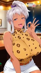 ai_generated akaza_chacha arms_above_head belt blue_eyes boosterred99 dark-skinned_female fellatio_gesture female grey_hair huge_breasts illustrious_(stable_diffusion) leopard_print looking_at_viewer maken-ki! open_mouth outdoors pencil_skirt pony_diffusion_xl ponytail seductive_smile short_hair skirt sleeveless standing street sweater tongue tongue_out turtleneck turtleneck_sweater white_shirt