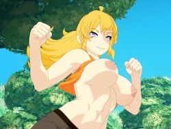 1girls 3d abs accurate_art_style big_breasts blonde_female blonde_hair busty casual_nudity clothed_female clothes_lift confident female large_breasts long_hair long_hair_female necromalock no_bra ponytail purple_eyes rwby showing_breasts smile solo_female tank_top tank_top_lift toned voluptuous yang_xiao_long