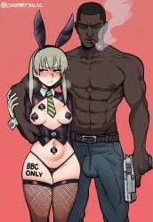 1boy 1girls ai_generated big_penis blonde_hair body_writing bulge bunny_ears coomersucc dark-skinned_male dark_skin english_text female fishnets gun interracial maka_albarn male queen_of_spades soul_eater tattoo text