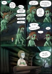 absurd_res balls bouncing_breasts breasts colored comic crouching digital_drawing_(artwork) digital_media_(artwork) duo english_text female flaccid flashback foreskin forest genitals goblin green_body green_skin greenbuncafe hi_res human humanoid implied_transformation male mammal medium_breasts nipples nude penis plant pointy_ears pubes shaded short_stack signature text towel tree vulva
