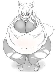 1female 1girls 2025 2d bbw blue_eyes blush chubby cleavage fat female female_only fox fox_ears fox_girl fox_tail futon_(artist) holding_stomach huge_ass huge_breasts navel obese obese_female struggling sweat thick_thighs torn_clothes torn_legwear tummy wardrobe_malfunction