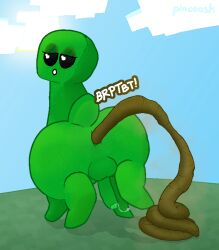 anus ass backsack balls bedroom_eyes big_butt black_eyes blue_sky bodily_fluids cloud creeper_(minecraft) digital_media_(artwork) erection eyelashes eyeshadow fart feces feces_pile feral foreskin genital_fluids genitals glans green_body hi_res hiked_leg humanoid_genitalia humanoid_penis looking_at_viewer looking_back makeup male male_pooping microsoft minecraft mojang narrowed_eyes outside penis pincoosh pooping_on_floor pooping_on_grass precum precum_string presenting presenting_hindquarters quadruped raised_leg rear_view scat scatplay seductive signature sky smelly solo sound_effects sun tail uncircumcised vowelless vowelless_sound_effect xbox_game_studios
