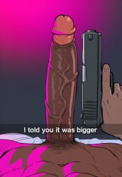 1boy big_penis coomersucc dark-skinned_male dark_skin english_text gun male penis_size_comparison pov snapchat solo text