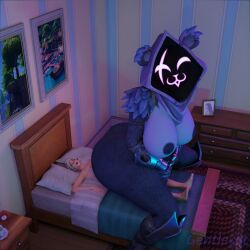 bed bedroom big_breasts fortnite gentlecat giantess macro prince_orin_(fortnite) raven_team_leader reverse_cowgirl_position size_difference tagme
