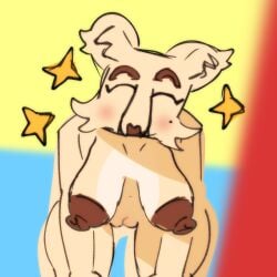 1:1 anthro bear bee_swarm_simulator blush body_blush bombaclaytt_(artist) closed_eyes female fluffy fluffy_ears hands_on_knees hands_on_legs happy head_tilt hi_res mammal mother_bear mother_bear(bee_swarm_simulator) nude roblox snout solo star vulva_blush