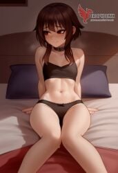 1girls 2d ai_generated ass back bare_shoulders barefoot big_ass bra brown_hair collar erophoenix female female_focus full_body kono_subarashii_sekai_ni_shukufuku_wo! long_hair looking_at_viewer megumin pale_skin pale_skinned_female panties patreon_username red_eyes short_hair sitting small_breasts smile solo thick thick_thighs uncensored underwear