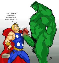 2boys abs avengers bara blonde_hair bracers bulge cape chest_hair cmnm deity erect_nipples erection gay green-skinned_male green_hair green_skin hairy_balls hammer huge_cock hulk hulk_(series) human legs_apart light-skinned_male light_skin male male_only marvel mjolnir muscular nipple_peek pecs penis_on_chest penis_under_clothes red_glans scars size_difference tagme thick_thighs thor_(marvel) thor_(series) veiny_muscles veiny_penis weapon yaoi