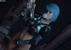 3d big_breasts blue_hair bubble_gum female gun human looking_at_viewer masturbation missally no_panties nyx_(quake_champions) quake quake_champions video_games