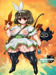 1girls big_breasts bottomless bow brown_hair denkou_nyako female female_only momo_reinol momodora momodora:_moonlit_farewell muscles muscular_legs nipples nipples_visible_through_clothing no_panties no_underwear pussy red_eyes scars scars_all_over short_hair stockings thick_thighs thighhighs vagina wide_hips