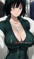 ai_generated areola_slip black_hair blush breasts cleavage closed_mouth coat collarbone collared_dress covered_navel covered_nipples cum cum_on_body cum_on_breasts cum_on_clothes dress female fubuki_(one-punch_man) fur_coat green_dress green_eyes green_hair jacket jewelry large_breasts lips long_sleeves looking_down meitabuu necklace no_bra one-punch_man open_coat pearl_necklace public_indecency short_hair smile solo_focus sweatdrop taut_clothes taut_dress upper_body
