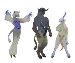 absurd_res anthro blue_body blue_skin bovid bovine breasts cloven_hooves digitigrade female flaccid fur genitals group hi_res hooves male mammal monster penis pubes silicon65 tail trio unusual_anatomy white_body white_fur yeti