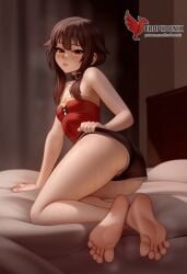 1girls 2d ai_generated ass back bare_shoulders barefoot big_ass bra brown_hair collar erophoenix feet female female_focus full_body kono_subarashii_sekai_ni_shukufuku_wo! long_hair looking_at_viewer megumin pale_skin pale_skinned_female panties patreon_username red_eyes short_hair sitting small_breasts smile soles solo thick thick_thighs uncensored underwear