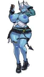 absurdres aged_up alternate_breast_size between_breasts black_necktie black_shoes black_skirt black_tail blue_jacket blue_nipples blue_oni blue_skin breasts breasts_out collared_shirt colored_nipples colored_skin curvy demon_girl demon_horns demon_tail drink female full_body hair_between_eyes highres holding holding_drink horns huge_breasts jacket long_sleeves miniskirt mold001 mole mole_on_breast navel necktie necktie_between_breasts nipples one_eye_closed oni open_clothes open_jacket open_mouth open_shirt orange_eyes pleated_skirt salute shirt shoes short_hair sidelocks simple_background skin-covered_horns skirt smile solo soukaku_(zenless_zone_zero) sticker_on_leg tail thick_thighs thigh_strap thighs white_background white_hair white_shirt zenless_zone_zero