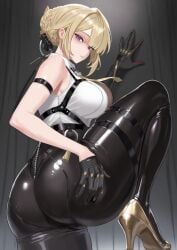 ass black_pants blonde_hair chest_harness evelyn_chevalier female gloves hair_up half_gloves harness high-waist_pants legs necktie pants purple_eyes richard4648 ring_hair_ornament single_half_glove solo tight_clothes tight_pants yellow_necktie zenless_zone_zero