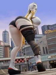 3d ass_focus city embarrassed from_behind full_body fully_clothed giantess huge_ass huge_breasts legs_apart looking_back macro qingyi_(zenless_zone_zero) thick_thighs wide_hips wise_(zenless_zone_zero) yixuan_(zenless_zone_zero) zenless_zone_zero zhu_yuan