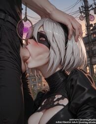 1boy 2b_(nier:automata) ai_generated bangs black_blindfold black_dress blindfold blush breasts cleavage cleavage_cutout clothing clothing_cutout erection eyewear fellatio female female hairband hand_on_another's_head headwear hypnosis irrumatio jousneystudio large_breasts lips long_sleeves looking_up male mask mind_control mole mole_under_mouth nier nier:_automata nier_(series) nipples oral outdoors pants penis puffy_sleeves saliva shirt short_hair solo_focus straight testicles upper_body white_hair yorha_2b yorha_no.2_type_b
