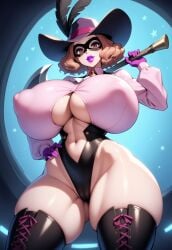 1girls adapted_costume ai_generated ass ass_visible_through_thighs atlus axe battle_bimbo bimbo bimbo_body bimbo_lips bimbofication bimbofied breasts breasts_bigger_than_head brooch brown_eyes brown_hair cameltoe collared_shirt cross-laced_footwear cross-laced_legwear eye_mask eyemask eyeshadow feathers female from_below gigantic_breasts gloves hand_on_hip hand_up haru_okumura hat hat_feather holding holding_object holding_weapon huge_ass huge_breasts layered_clothing leotard lipstick long_sleeves looking_at_viewer makeup mask massive_breasts navel navel_cutout neckerchief nipple_bulge novelai persona persona_5 science_fiction seductive seductive_look seductive_smile short_hair skindentation smile solo solo_female starry_background stars stomach_cutout tgm101_(artist) thick_lip thick_thighs thigh_boots thin_waist underboob underboob_cutout wavy_hair weapon weapon_over_shoulder wide_hips