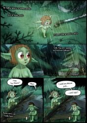 absurd_res breasts colored comic curled_up dialogue digital_drawing_(artwork) digital_media_(artwork) duo english_text female fetal_pose forest genitals goblin green_body green_skin greenbuncafe hi_res humanoid inner_monologue male medium_breasts moss nipples nude plant pointy_ears pubes raining red_eyes shaded short_stack signature text thinking tree vulva