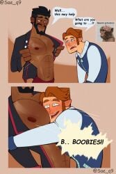 2boys abs artist_name bara dark-skinned_male disventure_camp disventure_camp:_carnival_of_chaos english_dialogue english_text gay interracial logan_(disventure_camp) logan_bell male male_focus male_only muscular muscular_chest muscular_male nipples odd_nation_cartoons pecs pectorals sae_q9 speech_bubble text yaoi zaid_(disventure_camp) zaid_hakim