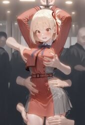 1female ai_generated arms_tied_above_head arms_up blonde_hair blonde_hair_female blush blushing captured embarrassed embarrassed_female fondling_breasts groping_breasts group_fondling group_molestation lycoris_recoil molested molesting nishikigi_chisato restrained_wrists rubbing_belly rubbing_thigh sexual_assault sexual_harassment tears touching_stomach touching_thighs